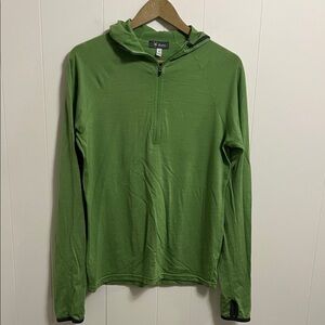 IBEX Indie Hoodie Green Lightweight Merino Wool Scuba Hood Long Raglan Sleeves M